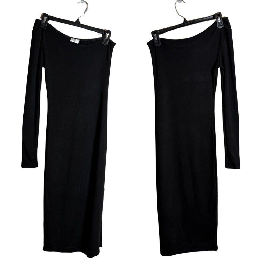 NLT One Shoulder Jersey Bodycon Midi Dress Women's Small Black Side Slit LBD